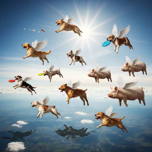 Whimsical Flying Dogs and Pigs: Playful Surreal Scene