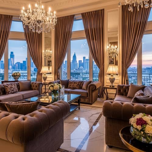 Luxurious Living Room with Velvet Sofas and City View at Sunset