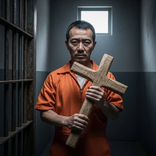 East Asian Man in Prison Attire with Cross Symbol