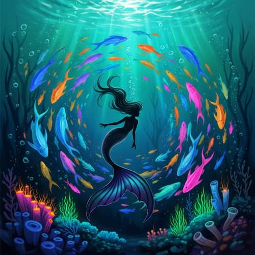 Surreal Underwater Scene with Black Mermaid and Colorful Fish