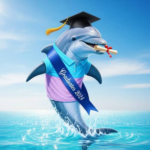 Sky-Blue Dolphin Graduates 2024 with Diploma & Grad Cap