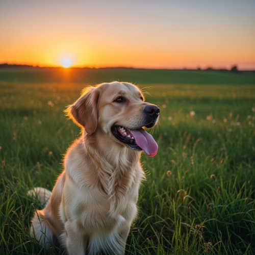 Eager Dog in Grassy Field Watching Sunset