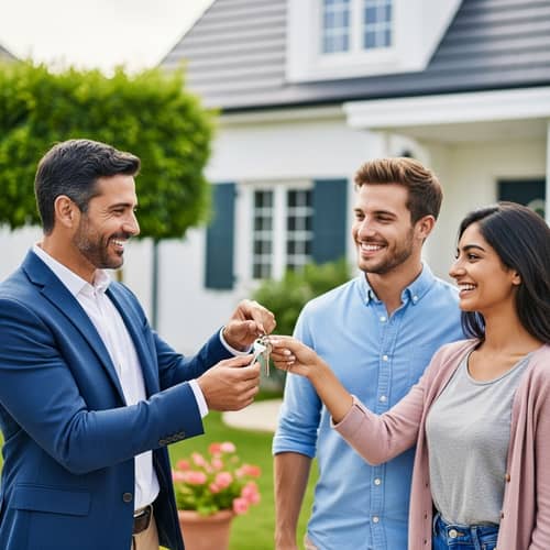 Diverse Real Estate Agent Hands Over Property Keys to Smiling Couple