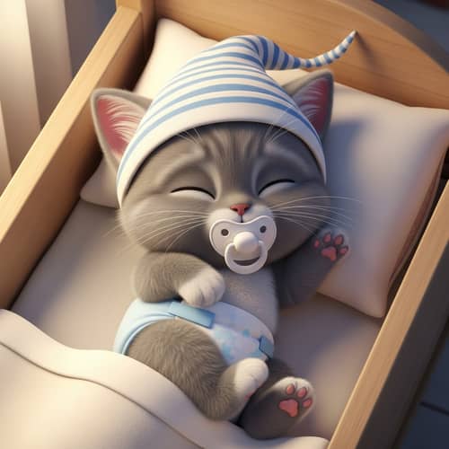 Adorable Animated Baby Kitten Sleeping Peacefully in Soft Cradle
