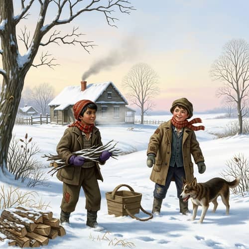 Rural Winter Scene: Two Boys in Village