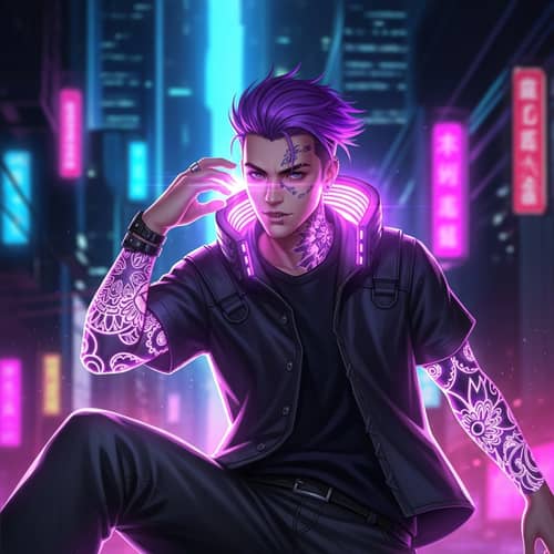 Vibrant Purple Hair Male in Cyberpunk Cityscape