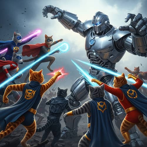Superhero Cats vs Giant Robot Battle: Epic Showdown
