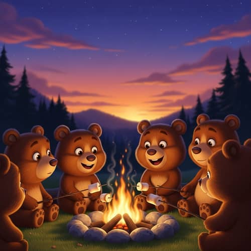 Cartoon Brown Bears Enjoying Campfire at Dusk