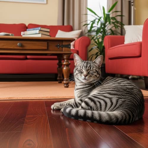 Charming Domestic Cat Resting in Warmly Lit Living Room