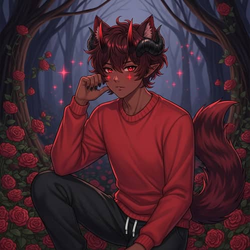 Dark Red Anime-Style Male Character with Demon Horns and Wolf Features