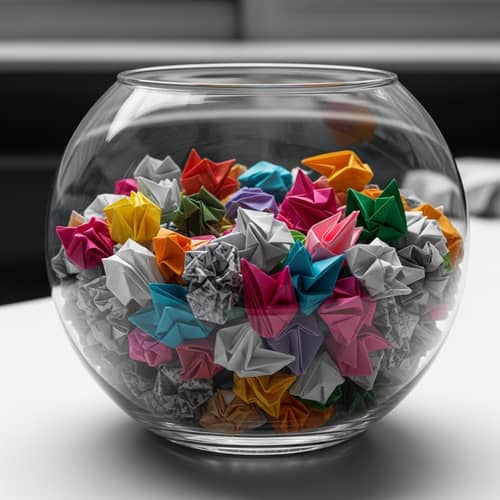 Origami Fish Bowl with Colorful Paper Pieces in Monochrome Setting