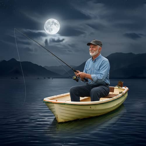 Happy Elderly Man Fishing at Night on a Boat