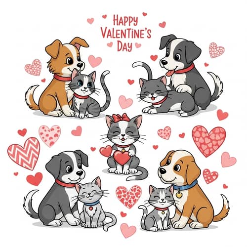Valentine's Day Illustration with Dogs & Cats | 1960s Cartoon Style
