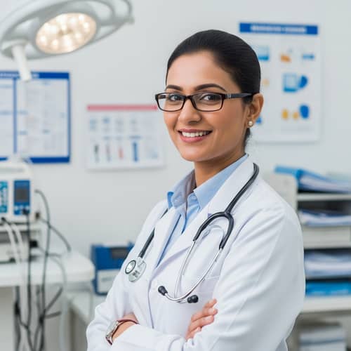 South Asian Woman Doctor | Professional in White Coat with Stethoscope