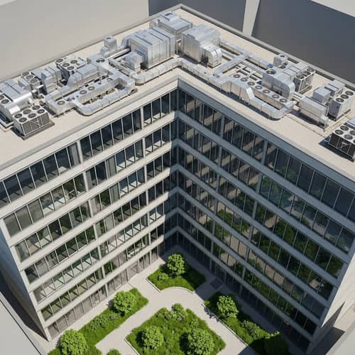 U-Shaped Six-Story Building with Large Windows and Manicured Courtyard