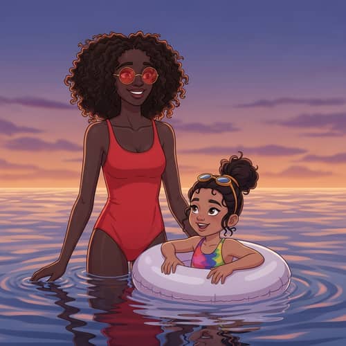 Fun in Water: Dusk Sky Reflection with Two Smiling Girls