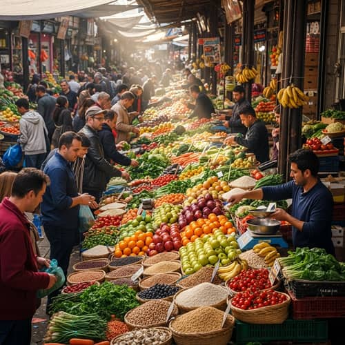Competitive Agricultural Market Scene with Vendors and Buyers