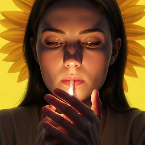 Hyperrealistic Portrait of Caucasian Woman Lighting a Cigarette