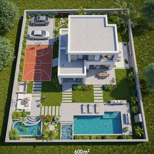 Modern Two-Storey House Plan with Lush Garden and Pool