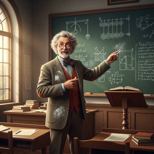 Eccentric 60s Male Professor Engaged in Complex Equations