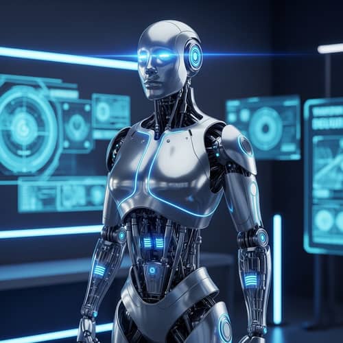 Futuristic Robot Design: Sleek Silver Robot with Glowing Blue Lights