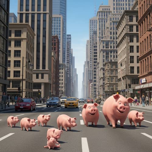 Vibrant City Scene with Animated Pink Pigs | Urban Exploration