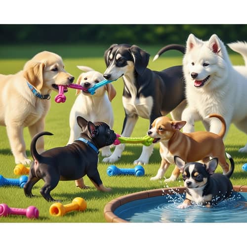 Adorable Puppies Playing: Joyful Canine Scene with Various Breeds