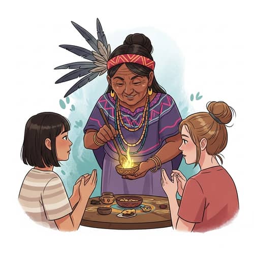 Latin American Woman Conducting Traditional Ritual with Two Teenagers Watching