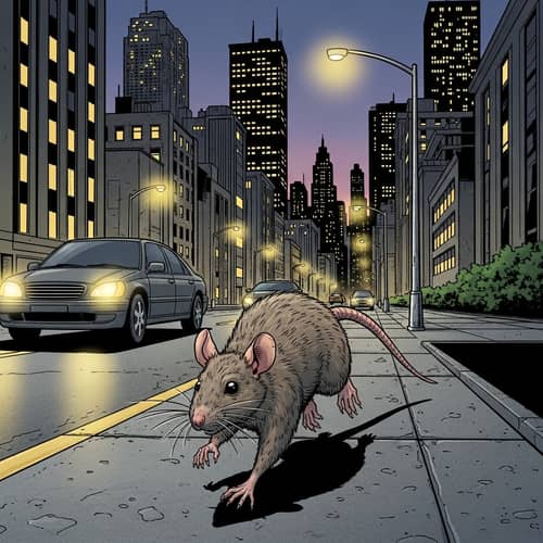Energetic Rat Running in City Street - Comic Book Illustration