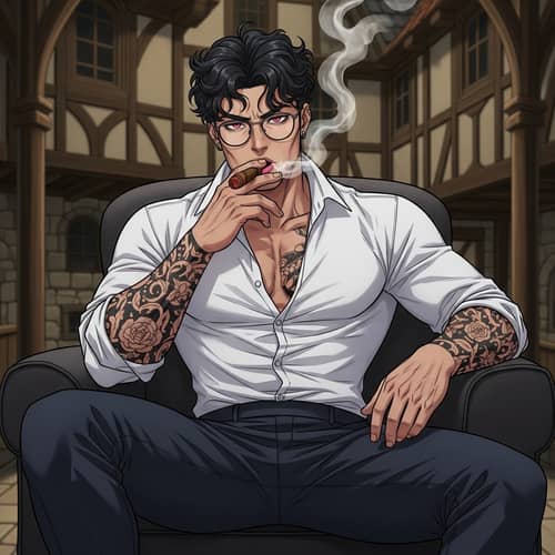Muscular Man with Intense Gaze Smoking Cigar in Medieval Mansion
