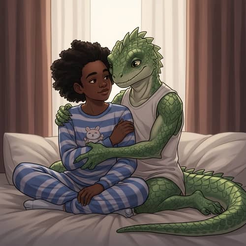 Interspecies Bond: Black Girl and Reptilian Being on Cozy Bed