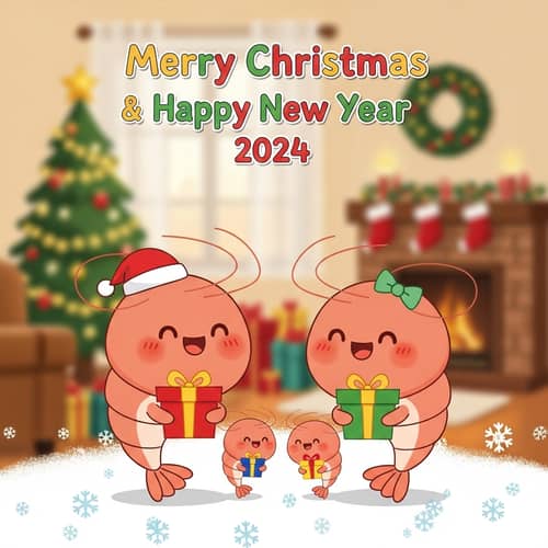 Merry Christmas & Happy New Year 2024 Card with Cute Shrimp Family
