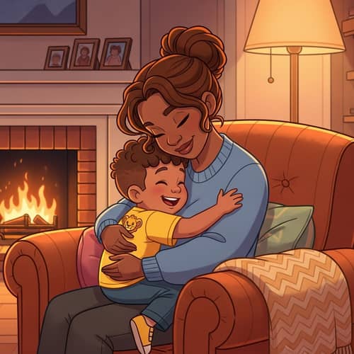Cartoon Black Mother and Son Embracing - Heartwarming Bond