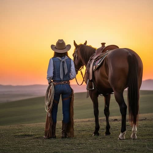 South Asian Cowgirl at Sunset | Traditional Cowboy Scene