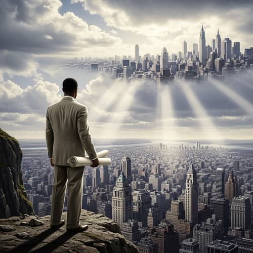 The Fountainhead: Architect Overlooking City with Blueprints
