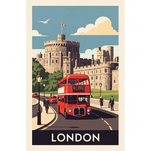 London Routemaster Bus Driving Past Windsor Castle in Vintage Style