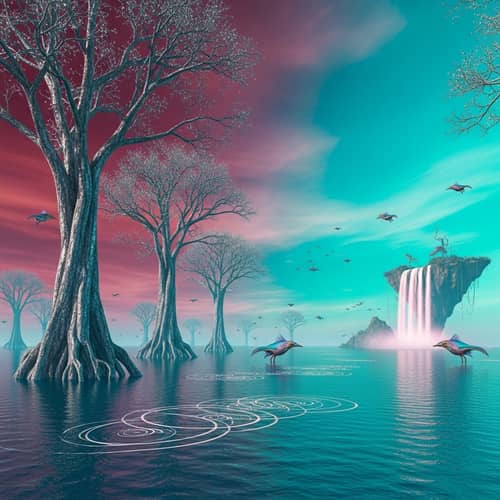 Surreal Landscape: Glowing Sky, Silver Trees, and Waterfall
