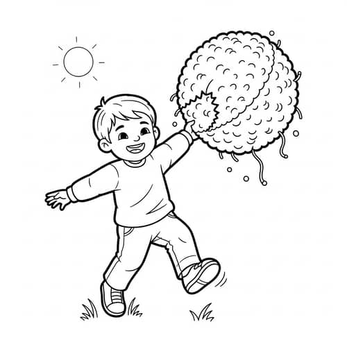 Child Playing with Woolen Ball | Vector Drawing for Printing