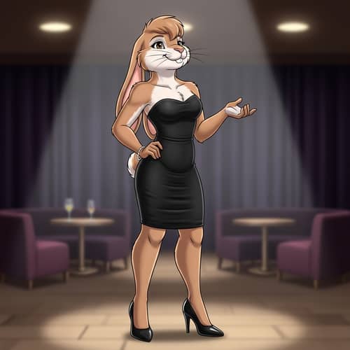 Fashionable Rabbit Girl in Black Cocktail Dress & High Heels