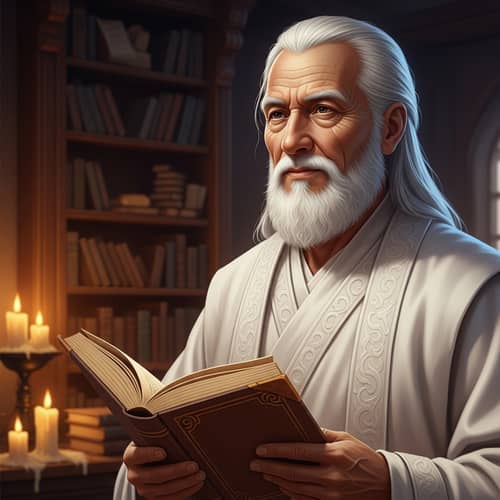 Old Sage in White Robe | Peaceful Library Scene