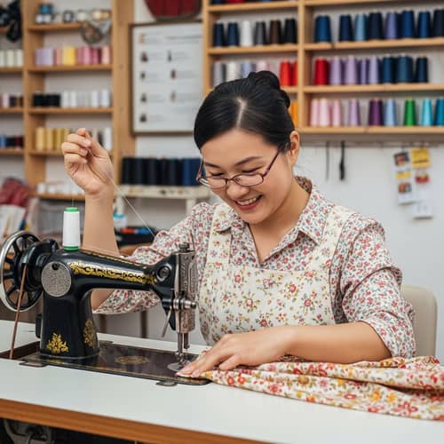 Joyful East Asian Woman Sewing on Antique Machine