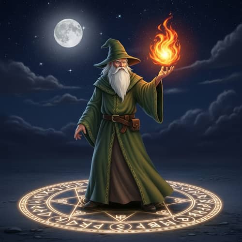 Elderly Wizard Casting Fireball - Magical Night Scene