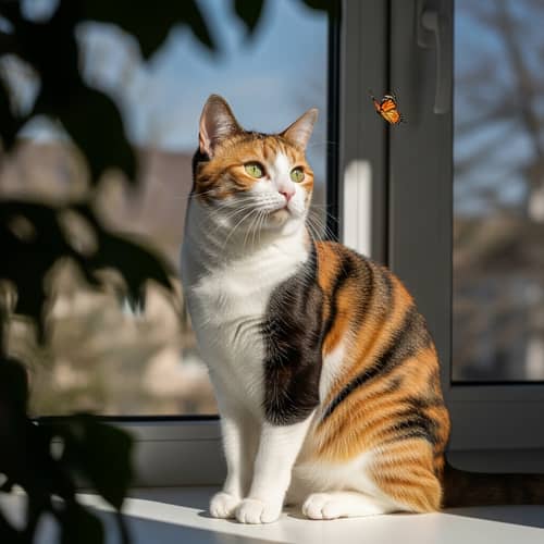 Calico Domestic Short-Haired Cat Watching Butterfly