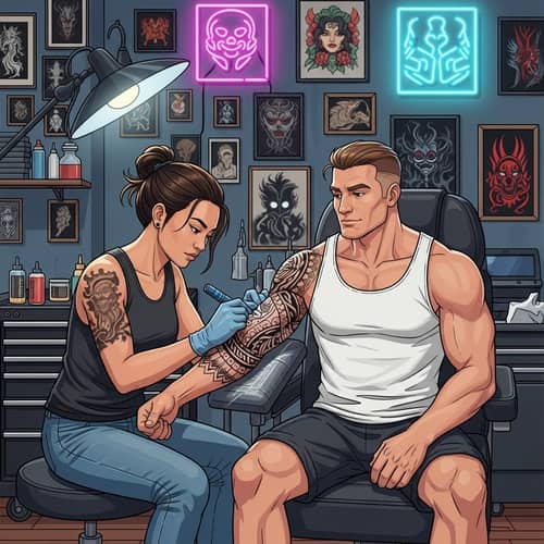 Diverse Tattoo Artist Inking Tribal Design on Muscular Customer