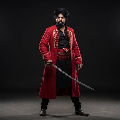 South Asian Man in Black Attire with Vibrant Red Coat and Sword