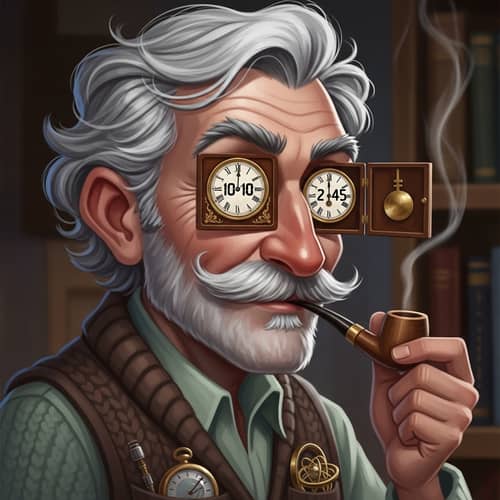Eccentric Elderly Gentleman Puffing on a Pipe with Antique Wall Clocks