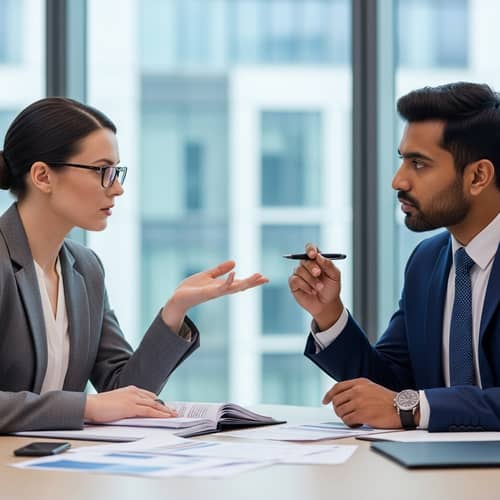 Professional Debate: Female Lawyer vs. Male Banker in Conference Room