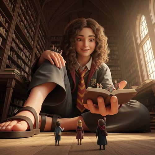Colossal Giantess Hermione Granger in Library with Tiny People