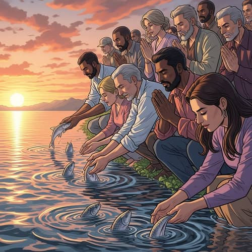 Peaceful Prayer Scene: Releasing Fish in Serene Water