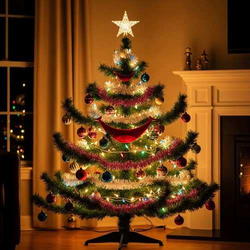 Cheerful Christmas Tree with Colorful Ornaments and Twinkling Star